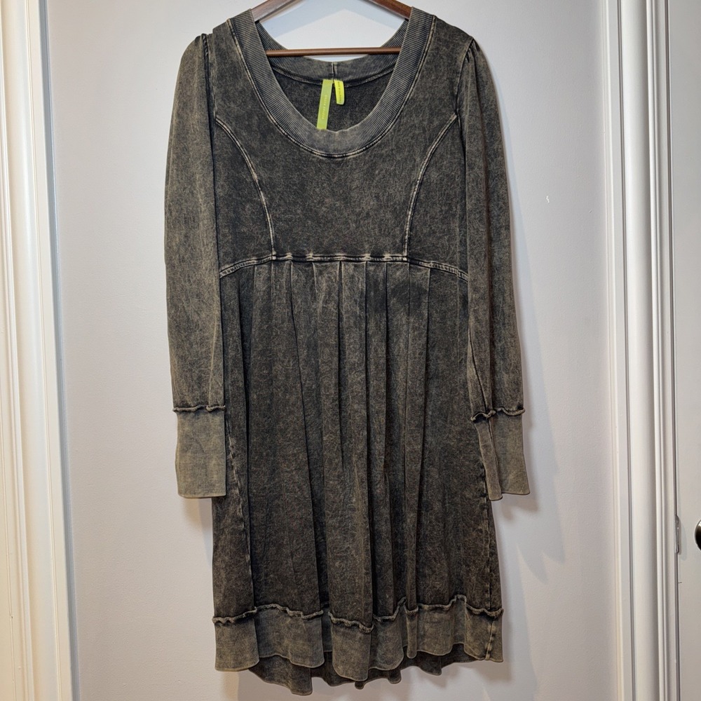 Green Dragon Stonewash‎ Black Tunic Sweater Dress  Distressed Pleated XL Grunge